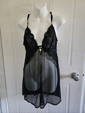 Auden Black Lace & Sheer Babydoll Chemise With Pantie NwT XL